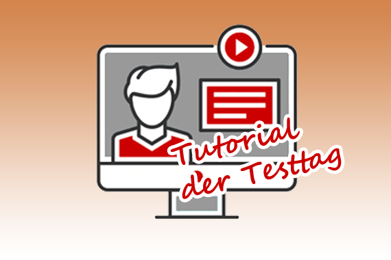 Tutorial der Testtag Comichafte Darstellung einer Person in einem Bildschirm, die einen Vortrag hält. Es wird der Schriftzug 'Tutorial der Testtag' angezeigt